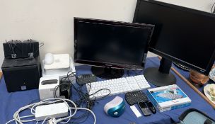 An Iiyama Prolite B2480HS monitor together with a Samsung Monitor, keyboards, speakers,