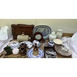A Mikky Phone portable gramophone together with a mantle clock, blue and white pottery, briefcase,