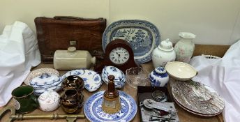 A Mikky Phone portable gramophone together with a mantle clock, blue and white pottery, briefcase,