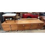A Nathan teak dressing table stool together with a teak dressing table and a chest of drawers