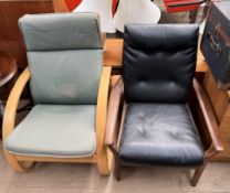 A mid 20th century upholstered teak elbow chair together with another upholstered chair