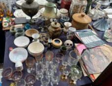 An electroplated candelabra together with records, pottery, brass vase,