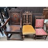 A 17th century style oak elbow chair together with a carved chair and a nursing chair