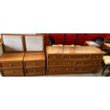 G-Plan a pair of teak chests with pad upholstered backs and a matching chest of drawers