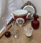 A gilt bronze and glass vase together with a Portuguese twin handled jardiniere and glasswares