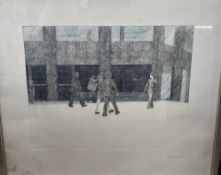 Adrian Bartlett Figures by an office complex Etching no 2/50 Signed in pencil to the margin