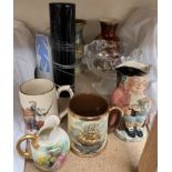 A Worcester flatback jug together with a Crown Devon vase, jugs,