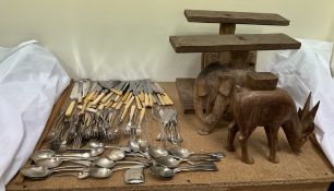 Assorted electroplated flatwares together with carved African stool