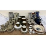 A Poole pottery part coffee set together with studio pottery goblet, jugs,