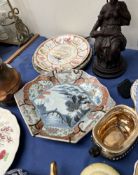 A Japanese fan shaped dish together with assorted decorative plates, glass vases, glass bowl,