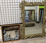 A Gilt wall mirror together with an advertising mirror for "Through The Looking Glass"