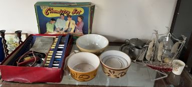 A Kay chemistry set together with a glass ship frigger, pottery bowls,
