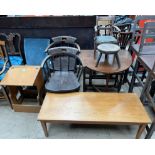 A pair of smokers bow elbow chairs together with a nursing chair, child's desk, child's chair,