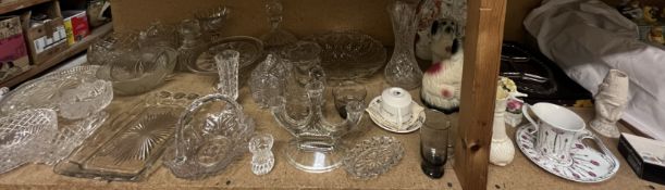 A Staffordshire figure group together with Staffordshire dogs, glasswares,