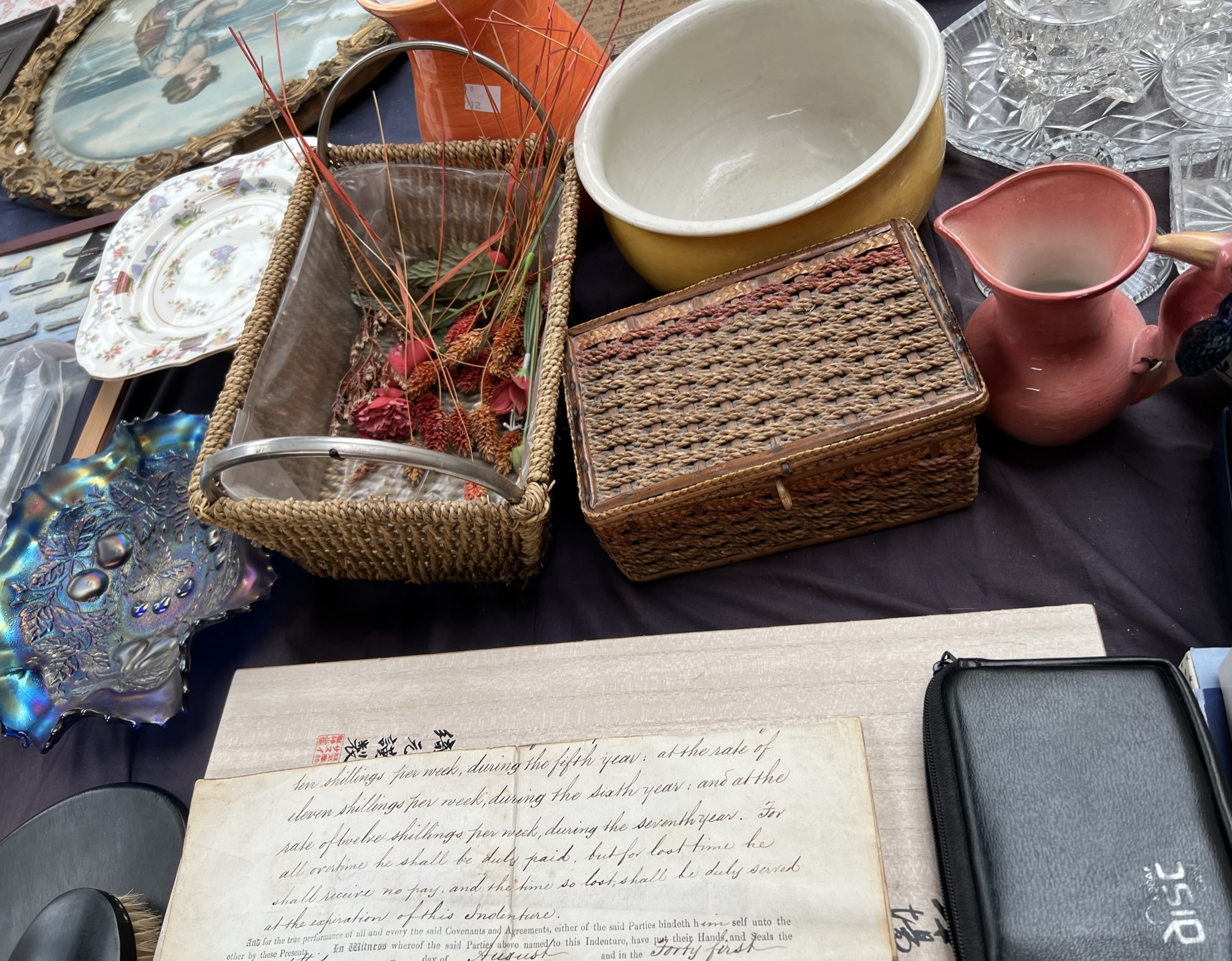 A glass part dressing table set together with carnival glass, cased flatwares,