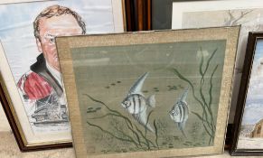 A Chinese watercolour of Angel fish together with a large quantity of paintings and prints