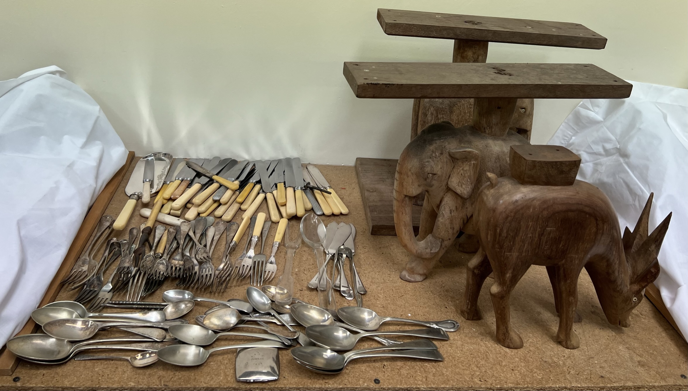 Assorted electroplated flatwares together with carved African stool - Image 2 of 2