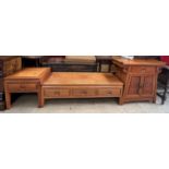 A Chinese hard wood altar cabinet together with a low table with three drawers and a side table of