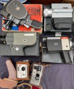 A USSR Quartz Zoom cine camera together with a Sankyo Super CM, a Eumigette 2, a Chinon Concord,