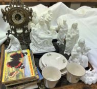 A collection of Lennox porcelain figures together with a brass clock,
