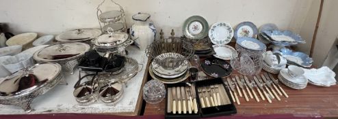 A pair of electroplated tureens and covers together with fish sets, brass andirons,