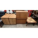 A mid 20th century teak bureau together with a pair of teak effect bedside chests and a tiled top