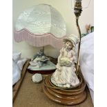 A continental porcelain table lamp base of a ballerina and clown together with another table lamp