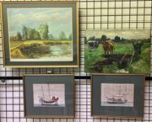 A pair of Chinese rice paper paintings of ships together with an unframed oil painting of cows and