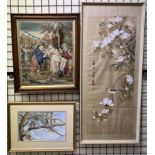 A woolwork picture depicting a religious scene together with a watercolour by Helen Scourse of