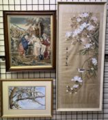 A woolwork picture depicting a religious scene together with a watercolour by Helen Scourse of