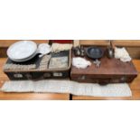 A faux crocodile case together with another case, small flat iron and stand, needlework bonnets,
