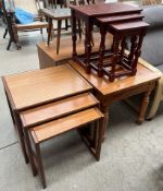 A nest of three G-Plan teak tables together with another nest of tables and a pine side table