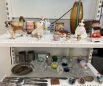 Assorted glass paperweights together with an electroplated part fish set, glass vases, model dogs,