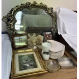 A gilt framed wall mirror together with Poole pottery dishes, pictures,