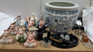 Natwest Pig money boxes together with Royal Doulton figures, part dressing table set,