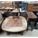 A tiled top coffee table together with a small oak gateleg table and a child's chair