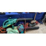 A Bosch ALS 2500 leaf blower together with another leaf blower, hedge cutter, Wooden Mallet,