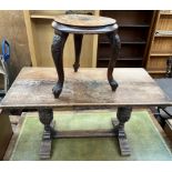 A 20th century oak coffee table with a rectangular top on carved legs together with a stool with