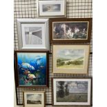 Peter Morgan A landscape scene Watercolour Together with a modern oil painting and assorted prints