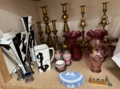 Four pairs of brass candlesticks together with cranberry glass vases et, Cubist pottery, Wedgwood,