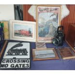 A BR railway lamp together with an aluminium sign depicting a train and "Crossing No Gates" British