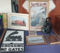 A BR railway lamp together with an aluminium sign depicting a train and "Crossing No Gates" British