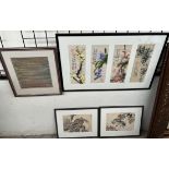 A set of four Oriental watercolours of blossoms together with two woodblock prints and a tapestry