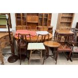 A mahogany standard lamp together with a cake stand, bamboo occasional table,