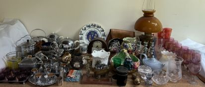 A John Hughes pottery sheep together with a brass oil lamp, drinking glasses, chrome plated wares,