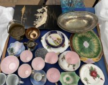 A pair of Japanese bone and another of pearl inlaid panels together with a Majolica bread dish,