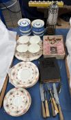 A pair of T G Green Cornishware storage jars together with a part tea set, horn handled flatwares,