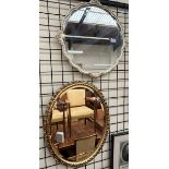 A gilt oval wall mirror together with a white and gilt wall mirror and two bookplates of