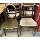 A Victorian balloon back bedroom chair together with another chair