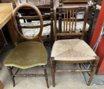 A Victorian balloon back bedroom chair together with another chair